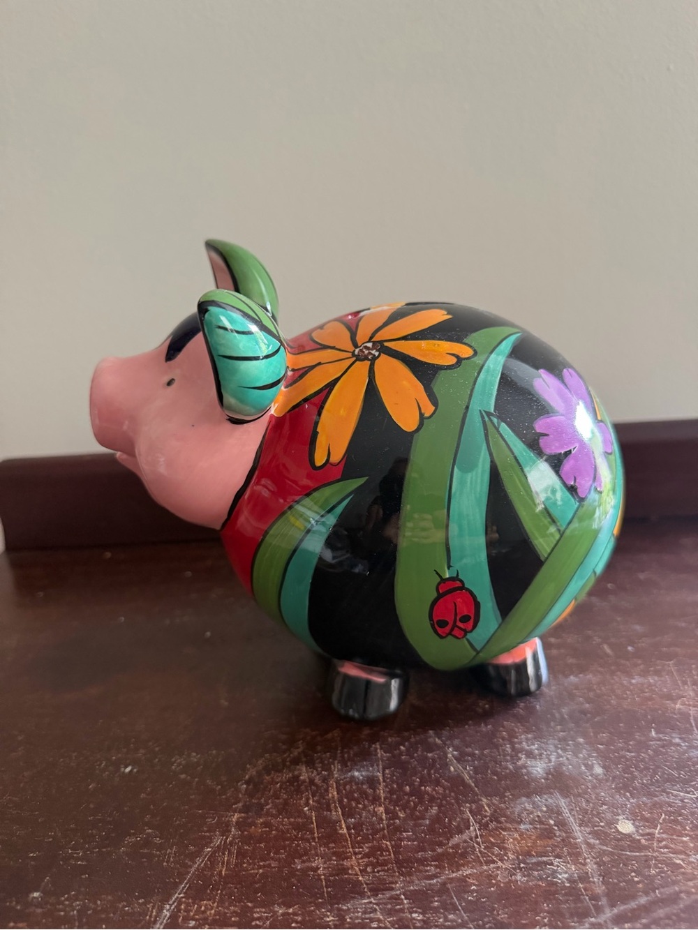 Hand-Painted Pink Piggy Bank with Floral Accents - Picture 2 of 10